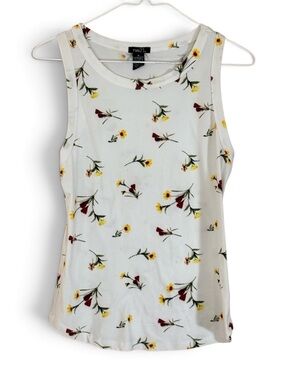 Rue21 White Floral Tank Top with Yellow and Burgundy Blooms